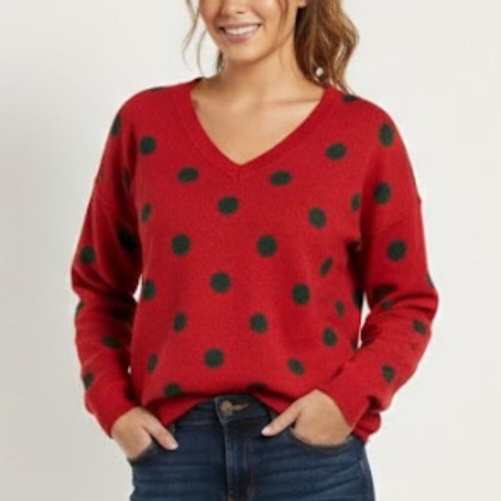 Croft & Barrow Sweater Womens Size MediumRed Polka Dot V Neck